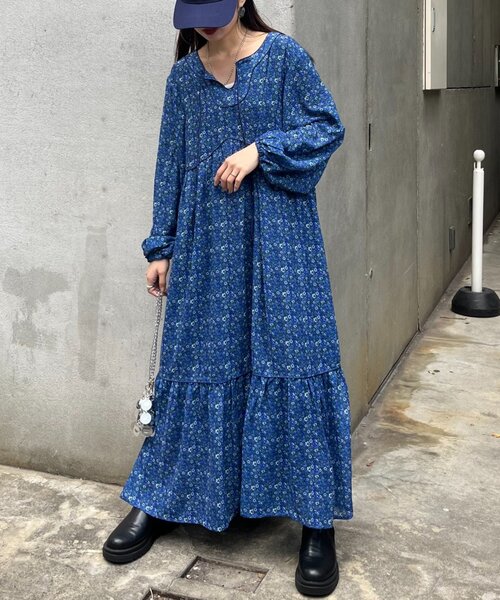 美品★インド製 ヴィンテージフラワープリント 配色切り替え ティアードワンピース CIAOPANIC TYPY ワンピース ヴィンテージフラワー柄パイピング
