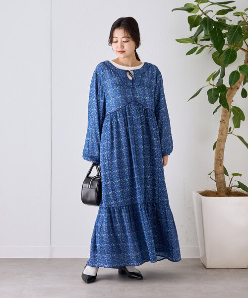 CIAOPANIC TYPY（チャオパニックティピー）の「ヴィンテージフラワー柄パイピングティアードワンピース（ワンピース・レディース・ブルー/オレンジ・ONE SIZE）」の7枚目の写真