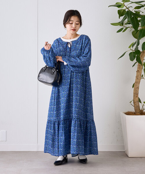 CIAOPANIC TYPY（チャオパニックティピー）の「ヴィンテージフラワー柄パイピングティアードワンピース（ワンピース・レディース・ブルー/オレンジ・ONE SIZE）」の8枚目の写真