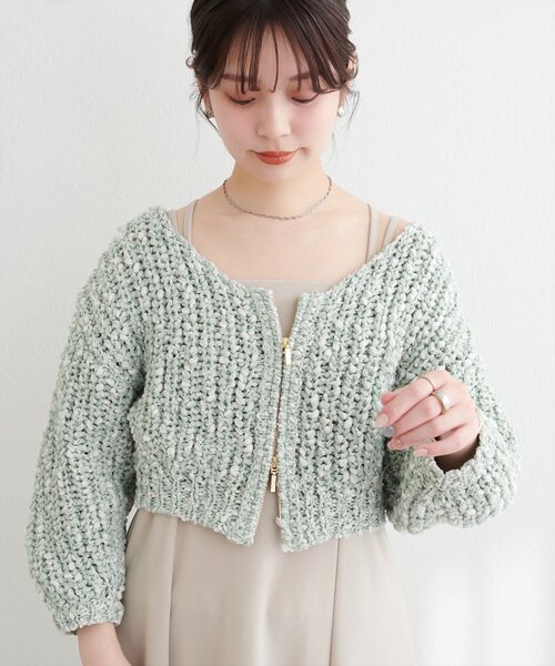 natural couture(ナチュラルクチュール)の「osonoリボンヤーンショート丈カーデ(カーディガン/ボレロ・レディース・ベージュ/ミント/オフホワイト/ブラック・FREE)」の4枚目の写真