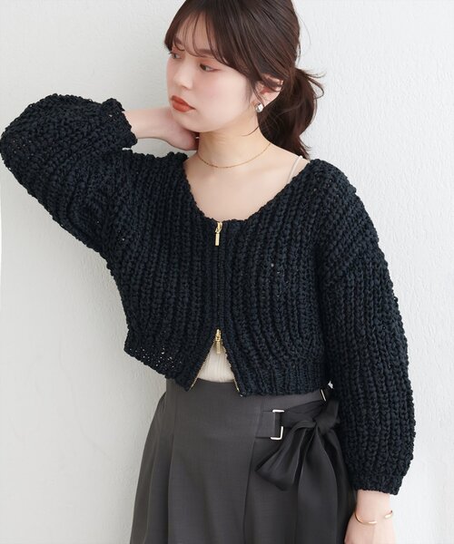 natural couture(ナチュラルクチュール)の「osonoリボンヤーンショート丈カーデ(カーディガン/ボレロ・レディース・ベージュ/ミント/オフホワイト/ブラック・FREE)」の2枚目の写真
