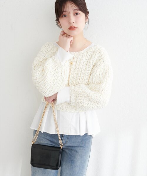 natural couture(ナチュラルクチュール)の「osonoリボンヤーンショート丈カーデ(カーディガン/ボレロ・レディース・ベージュ/ミント/オフホワイト/ブラック・FREE)」の7枚目の写真