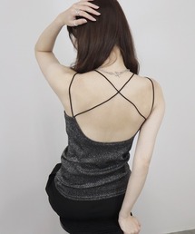 Reurie' | バッククロスキャミソール / カップ付き ノースリーブ インナー シンプル 重ね着 レイヤード ラメ(キャミソール)