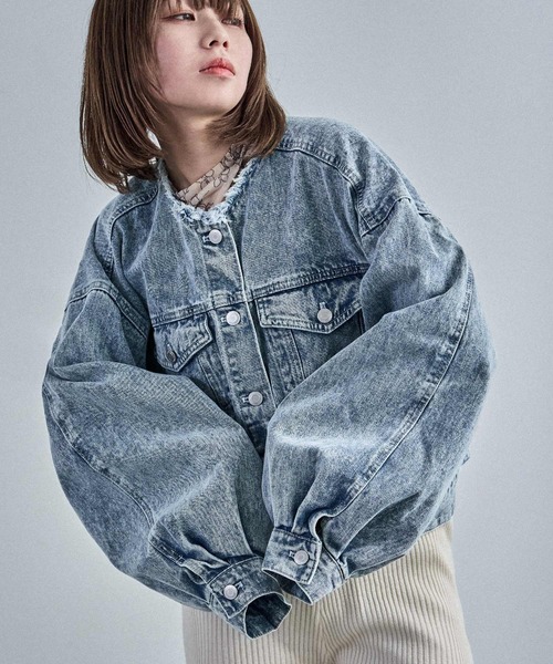 オーバーサイズ ノーカラー デニムジャケット シリアル andme｜オーバーサイズ ノーカラー デニム ツイル ジャケット