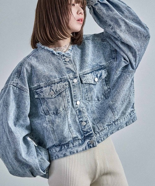 Fashion Letter（ファッションレター）の「ノーカラー オーバーサイズデニムジャケット（デニムジャケット・レディース・ネイビー/ブルー/ブラック・M）」の6枚目の写真