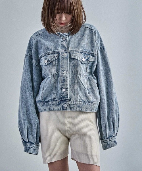 Fashion Letter（ファッションレター）の「ノーカラー オーバーサイズデニムジャケット（デニムジャケット・レディース・ネイビー/ブルー/ブラック・M）」の7枚目の写真