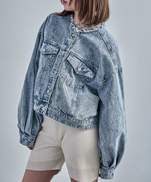 Fashion Letter（ファッションレター）の「ノーカラー オーバーサイズデニムジャケット（デニムジャケット・レディース・ネイビー/ブルー/ブラック・M）」の9枚目の写真