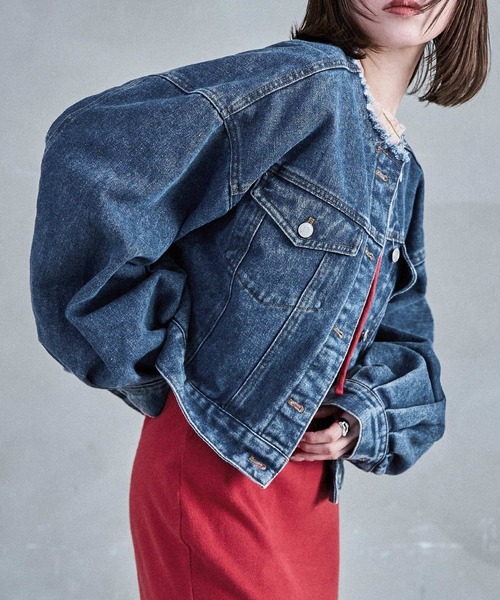 Fashion Letter（ファッションレター）の「ノーカラー オーバーサイズデニムジャケット（デニムジャケット・レディース・ネイビー/ブルー/ブラック・M）」の18枚目の写真