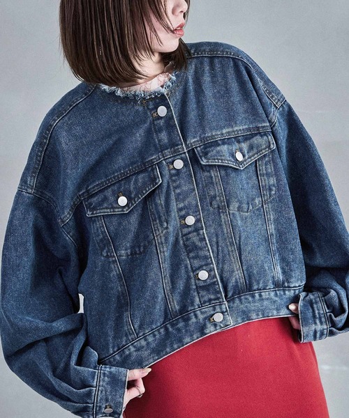 Fashion Letter（ファッションレター）の「ノーカラー オーバーサイズデニムジャケット（デニムジャケット・レディース・ネイビー/ブルー/ブラック・M）」の22枚目の写真