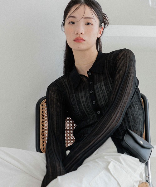 Heather(ヘザー)の「シアーポロカーディガン 327080(カーディガン/ボレロ・レディース・ブラック/アイボリー/レッド/グレー・FREE)」の1枚目の写真