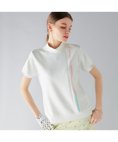 marie claire(マリ・クレール)の「marie claire GOLF/マリクレール ゴルフ ゴルフウェア 接触冷感 UVカット 軽量 ダンボールニット モックネック 半袖 シャツ Tシャツ(Tシャツ/カットソー・レディース・ホワイト/ネイビー・L/M/LL)」の2枚目の写真