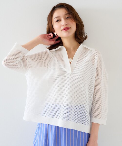 UNTITLED（アンタイトル）の「【七分袖/春夏素材】メッシュ衿付きニット（ニット/セーター・レディース・ブラック/パープル系4/ホワイト/ライトグレー・00/02/04/44/48）」の2枚目の写真