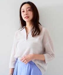 ニット セーター 「七分袖/春夏素材」メッシュ衿付きニット レディース Chico ニット セーター 「セットアップ対応」刺繍入り襟付き