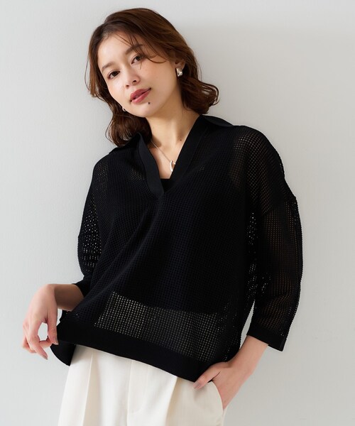 UNTITLED（アンタイトル）の「【七分袖/春夏素材】メッシュ衿付きニット（ニット/セーター・レディース・ブラック/パープル系4/ホワイト/ライトグレー・00/02/04/44/48）」の3枚目の写真