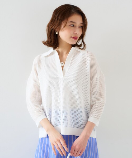 UNTITLED（アンタイトル）の「【七分袖/春夏素材】メッシュ衿付きニット（ニット/セーター・レディース・ブラック/パープル系4/ホワイト/ライトグレー・00/02/04/44/48）」の6枚目の写真