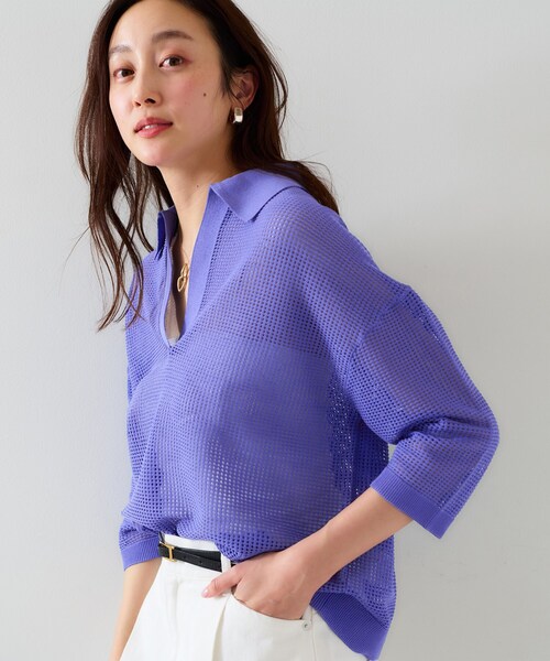 UNTITLED（アンタイトル）の「【七分袖/春夏素材】メッシュ衿付きニット（ニット/セーター・レディース・ブラック/パープル系4/ホワイト/ライトグレー・00/02/04/44/48）」の20枚目の写真