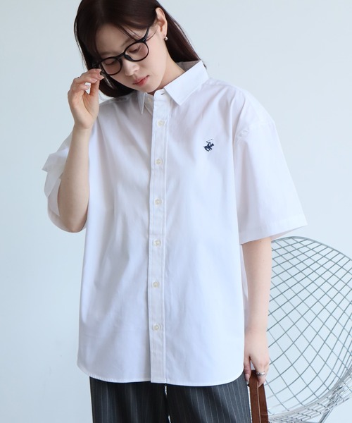 BEVERLY HILLS POLO CLUB(ビバリーヒルズポロクラブ)の「【BEVERLY HILLS POLO CLUB/ビバリーヒルズポロクラブ】 ワンポイントポニー刺繍半袖ツイルピーチシャツ(シャツ/ブラウス・メンズ・アクア/ベージュ/スミクロ/ネイビー/ブルー系その他/オフホワイト/ベージュ系その他/インディゴブルー・LL/M/L)」の1枚目の写真