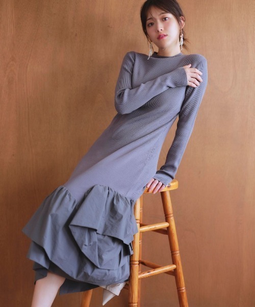 LANTINAM（ランティナム）の「Taffeta Docking Knit Dress-ニットタフタドッキングワンピース（ワンピース・レディース・ブラック/ラベンダー・FREE）」の2枚目の写真