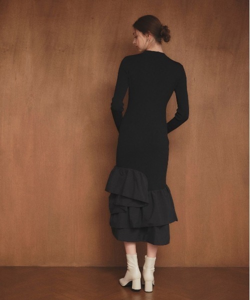 LANTINAM（ランティナム）の「Taffeta Docking Knit Dress-ニットタフタドッキングワンピース（ワンピース・レディース・ブラック/ラベンダー・FREE）」の8枚目の写真