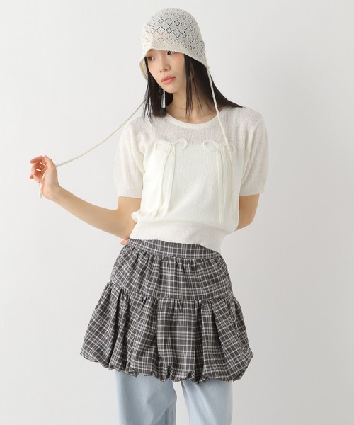 Heather（ヘザー）の「リボンモチーフニット（半袖）　452802（ニット/セーター・レディース・ブラック/オフホワイト/ピンク・FREE）」の2枚目の写真