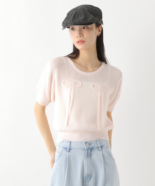 Heather（ヘザー）の「リボンモチーフニット（半袖）　452802（ニット/セーター・レディース・ブラック/オフホワイト/ピンク・FREE）」の3枚目の写真