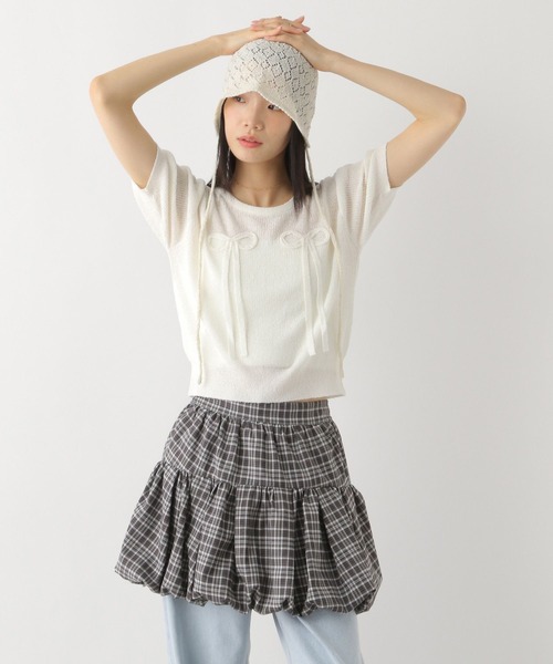 Heather（ヘザー）の「リボンモチーフニット（半袖）　452802（ニット/セーター・レディース・ブラック/オフホワイト/ピンク・FREE）」の4枚目の写真