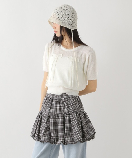 Heather（ヘザー）の「リボンモチーフニット（半袖）　452802（ニット/セーター・レディース・ブラック/オフホワイト/ピンク・FREE）」の5枚目の写真