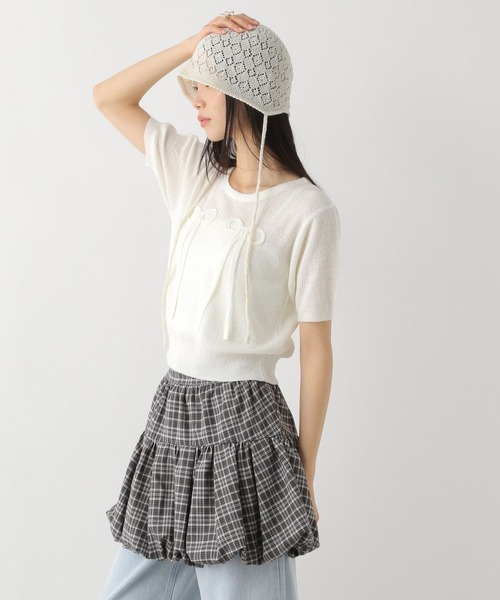 Heather（ヘザー）の「リボンモチーフニット（半袖）　452802（ニット/セーター・レディース・ブラック/オフホワイト/ピンク・FREE）」の6枚目の写真