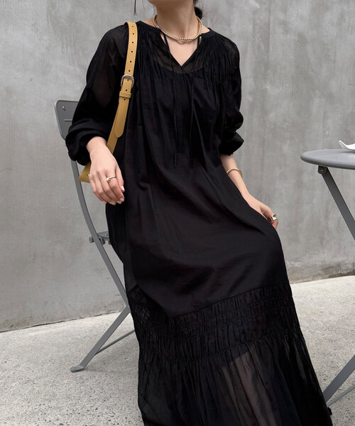 DouDou(ドゥドゥ)の「スモッキングワンピース(ワンピース・レディース・ブラック/グリーン・FREE)」の8枚目の写真