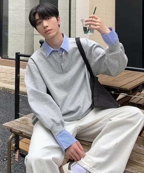 NOWLE（ノウル）の「【NOWLE】フェイクツーピース レイヤード プルオーバー スウェット（スウェット・メンズ・グレー/ブラック/ホワイト・MEDIUM/LARGE/X-LARGE）」の3枚目の写真