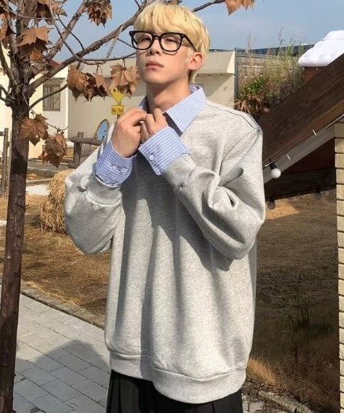 NOWLE（ノウル）の「【NOWLE】フェイクツーピース レイヤード プルオーバー スウェット（スウェット・メンズ・グレー/ブラック/ホワイト・MEDIUM/LARGE/X-LARGE）」の8枚目の写真