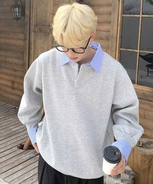 NOWLE（ノウル）の「【NOWLE】フェイクツーピース レイヤード プルオーバー スウェット（スウェット・メンズ・グレー/ブラック/ホワイト・MEDIUM/LARGE/X-LARGE）」の12枚目の写真