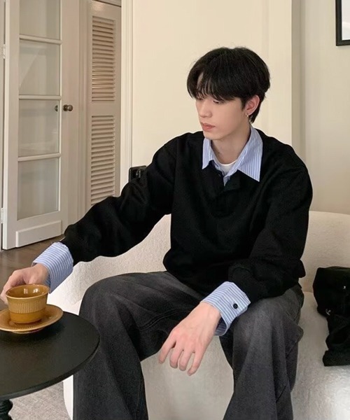 NOWLE（ノウル）の「【NOWLE】フェイクツーピース レイヤード プルオーバー スウェット（スウェット・メンズ・グレー/ブラック/ホワイト・MEDIUM/LARGE/X-LARGE）」の4枚目の写真