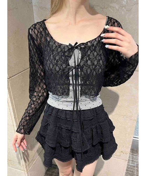 PHILLY（フィリー）の「【PHILLY】フロントリボンレースカーディガン（カーディガン/ボレロ・レディース・ブラック/ホワイト・FREE）」の2枚目の写真