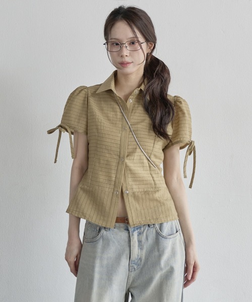 ブラウス シャツ 「UNE ORIGINAL」ストライプシースルー半袖ショルダーパフブラウス レディース UNE ORIGINAL】ストライプシースルー半袖ショルダーパフブラウス