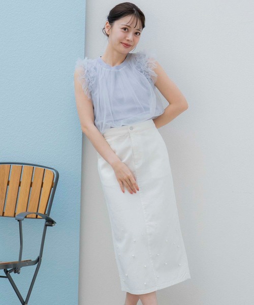 NOELA（ノエラ）の「パールデニムナロースカート（デニムスカート・レディース・インディゴブルー/ダークインディゴブルー/オフホワイト・S/M）」の2枚目の写真