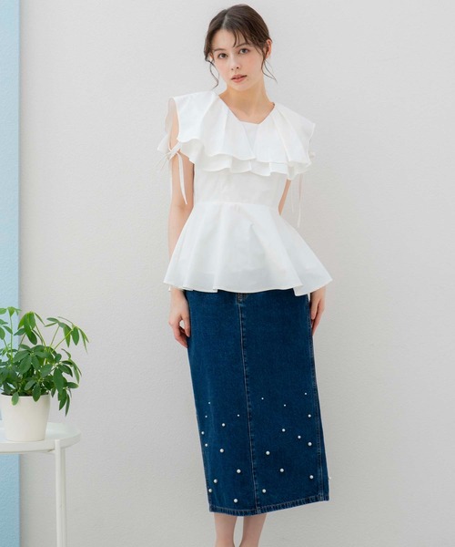 NOELA（ノエラ）の「パールデニムナロースカート（デニムスカート・レディース・インディゴブルー/ダークインディゴブルー/オフホワイト・S/M）」の3枚目の写真