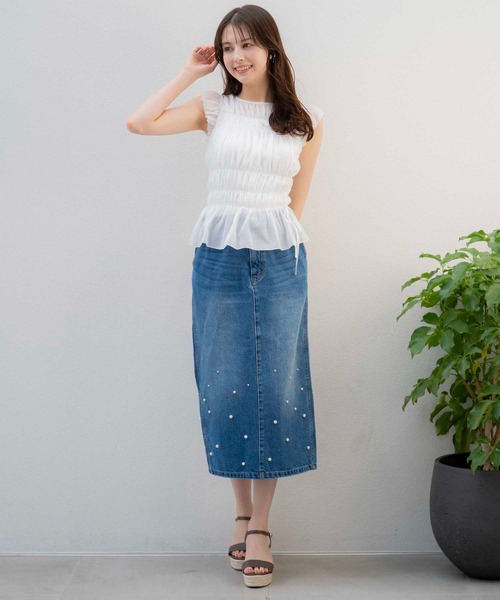 NOELA（ノエラ）の「パールデニムナロースカート（デニムスカート・レディース・インディゴブルー/ダークインディゴブルー/オフホワイト・S/M）」の13枚目の写真
