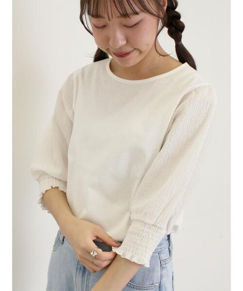 Samansa Mos2（サマンサ モスモス）の「袖布帛切替パフシャーリングTシャツ（Tシャツ/カットソー・レディース・オフホワイト/モカ/ブラック/ミント・F）」の2枚目の写真