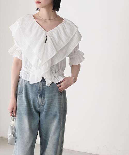 ボレロシャツ レディース トップス シャツ ブラウス ショート 半袖 パフスリーブ フェミニン フリル かわいい 大人可愛い カジュアル かっこいい ラフ 個性的 94952ae8237c75752f9c0ea715b5f2