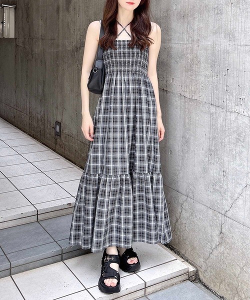 セール】ホルターネックチェック柄シャーリングワンピース／A