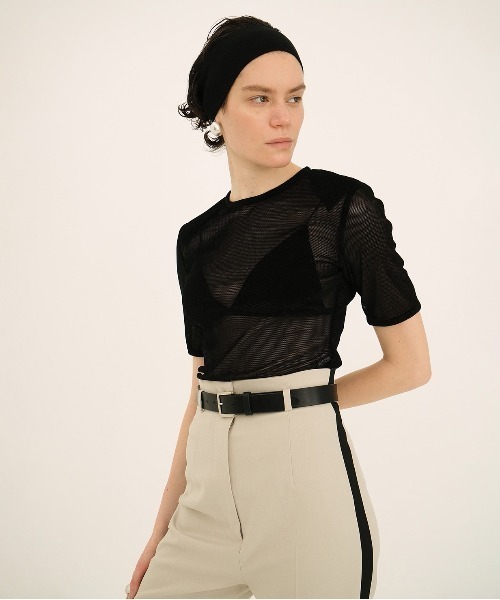 トップス CLANE SHEER VELOUR POWER SHOULDER TOPS SHEER VELOUR POWER SHOULDER TOPS（Tシャツ/カットソー