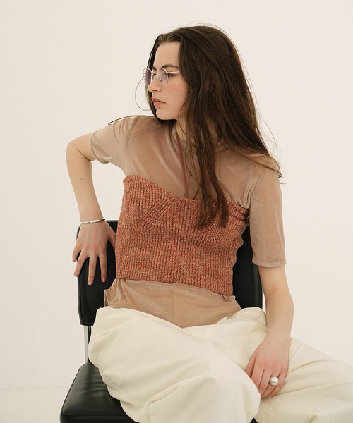 SHEER VELOUR POWER SHOULDER TOPS（Tシャツ/カットソー）｜CLANE