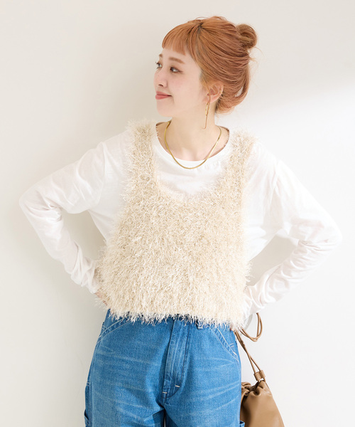 2点セット》手洗い可 / スパークシャギーニットベストxロンTEE