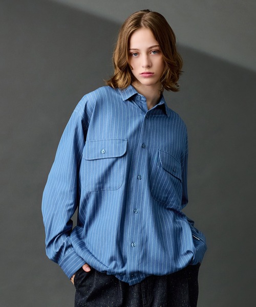 セール】DUNGAREE STRIPE DRAW CORD LS SHIRT /ダンガリーストライプ