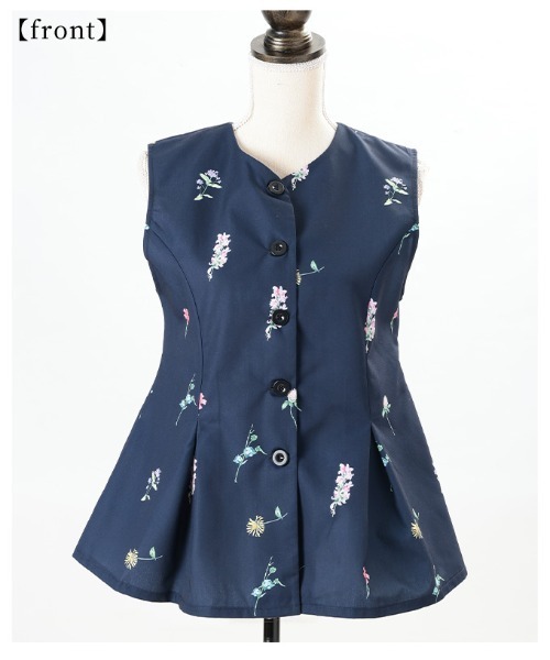Sawa a la mode(サワアラモード)の「花柄ペプラムフレアノースリーブトップス(ベスト・レディース・ブラック/ネイビー・FREE)」の22枚目の写真