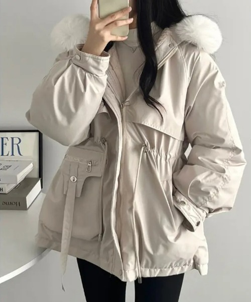 暖かいファーモッズコート アウター レディース ゆったり 中綿