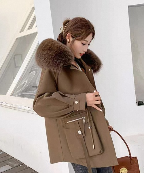 暖かいファーモッズコート アウター レディース ゆったり 中綿