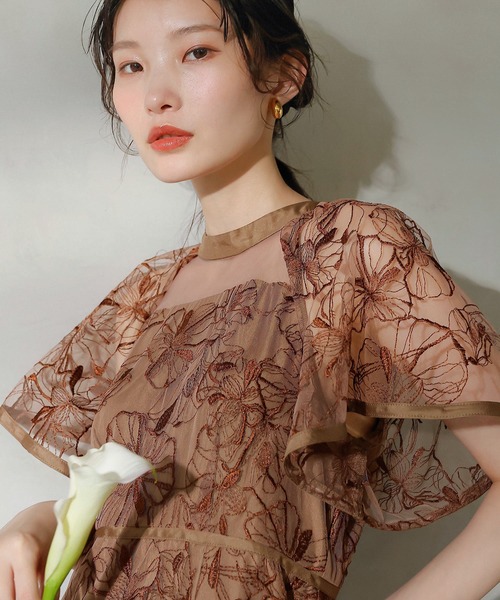 Kana パーティードレス　ブラウン Aライン シアー オーバー ワンピース パーティードレス