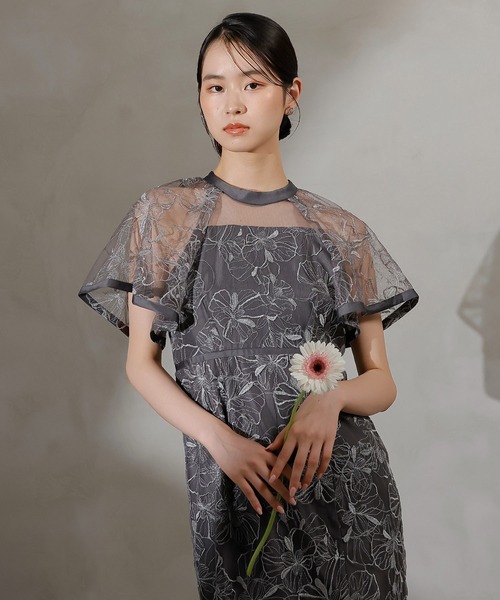 フレアスリーブ 花柄刺繍レース パーティー ドレス 結婚式